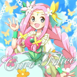 Rule 34 | 1girl, :d, blue eyes, blush, bug, butterfly, character name, cure felice, flower, ha-chan (mahou girls precure!), hair flower, hair ornament, hanami kotoha, hiyopuko, bug, long hair, magical girl, mahou girls precure!, open mouth, pink hair, precure, smile, solo, twintails, wrist cuffs