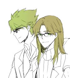 Rule 34 | 2boys, achilles (fate), brown hair, chiron (fate), coat, fate/apocrypha, fate (series), glasses, green eyes, green hair, long hair, multiple boys, short hair, smile, yellow eyes