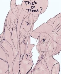 Rule 34 | 1boy, 1girl, blush, breasts, cleavage, estellise sidos heurassein, halloween, hat, horns, long hair, monochrome, open mouth, short hair, tales of (series), tales of vesperia, witch hat, yuri lowell