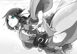 Rule 34 | 1girl, blue eyes, drill hair, fins, greyscale, head fins, japanese clothes, kimono, limited palette, long sleeves, mermaid, monochrome, monster girl, navel, no pussy, obi, raptor7, ribbon, sash, solo, spot color, touhou, wakasagihime, wide sleeves