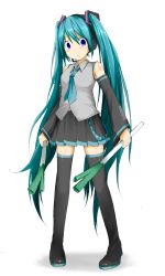 Rule 34 | 1girl, aqua hair, blue eyes, boots, detached sleeves, hatsune miku, headset, highres, jza80, long hair, necktie, pigeon-toed, simple background, skirt, solo, spring onion, thigh boots, thighhighs, twintails, very long hair, vocaloid, white background, xenon (kona-card)