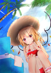 Rule 34 | 1girl, absurdres, ankle cuffs, bikini, blonde hair, cinderella bust, cloud, collarbone, day, dutch angle, flandre scarlet, frilled bikini, frills, from below, hand on own knee, hat, highres, index finger raised, long hair, open mouth, outdoors, palm tree, red bikini, red eyes, semisigule, sitting, solo, straw hat, sun hat, sunlight, swimsuit, touhou, tree, wings, wrist cuffs