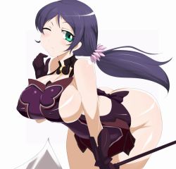 Rule 34 | 10s, 1girl, abiko zyozi, apron, ass, bare shoulders, bent over, breasts, butt crack, cattleya (queen&#039;s blade), cattleya (queen&#039;s blade) (cosplay), cosplay, covered erect nipples, female focus, green eyes, hair ornament, huge breasts, long hair, love live!, love live! school idol project, naked apron, no bra, no panties, one eye closed, ponytail, purple hair, queen&#039;s blade, sideboob, simple background, solo, standing, tojo nozomi, weapon, white background, wink