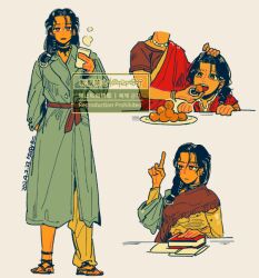 Rule 34 | 2girls, aged down, artist name, asymmetrical clothes, black hair, blue coat, book, closed mouth, coat, cup, dark-skinned female, dark skin, dated, feeding, food, full body, hair over shoulder, hand up, holding, holding cup, holding food, index finger raised, indian clothes, kaalaa baunaa, long hair, looking at viewer, multiple girls, multiple views, open mouth, pants, parted lips, purple eyes, reverse:1999, sakita pani, sari, signature, single pantsleg, standing, upper body, watermark, white background, yoga pants