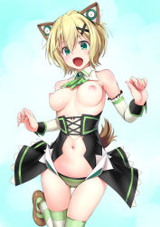 Rule 34 | 1girl, akatsuki kirika, blonde hair, blush, bouncing breasts, breastless clothes, breasts, breasts apart, breasts out, brooch, brown footwear, clothing cutout, detached collar, detached sleeves, dot nose, gluteal fold, green eyes, green neckwear, green panties, green thighhighs, hair ornament, happy, headgear, highres, jewelry, looking at viewer, mary janes, medium breasts, navel, navel cutout, nipples, open mouth, panties, revealing clothes, senki zesshou symphogear, shiny skin, shoes, short hair, skirt, smile, solo, standing, standing on one leg, striped clothes, striped panties, striped thighhighs, tail, tamahiyo, thigh gap, thighhighs, topless dress, underwear, x hair ornament