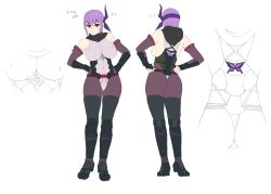 Rule 34 | 00s, 1girl, armor, ayane (doa), bare shoulders, black pantyhose, breasts, bridal gauntlets, character sheet, covered erect nipples, dead or alive, detached sleeves, flat color, greaves, headband, highres, large breasts, leotard, ninja, pantyhose, purple hair, red eyes, scarf, short hair, solo, split-toe footwear, tabi, taimanin (series), taimanin asagi, thighhighs, thighhighs over pantyhose, vambraces, zonda (solid air)