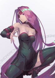 Rule 34 | 1girl, absurdres, bare shoulders, belt collar, black thighhighs, breasts, chain, cleavage, closed eyes, collar, collarbone, fate/grand order, fate (series), highres, kikken, long hair, looking at viewer, medium breasts, medusa (fate), medusa (rider) (fate), one eye covered, purple background, purple eyes, purple hair, simple background, solo, thighhighs, very long hair, white background