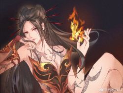 Rule 34 | 1girl, armor, armored dress, bare shoulders, black background, black hair, blue eyes, breasts, cleavage, fire, hair ornament, hand in own hair, hand on own face, hand up, long hair, looking to the side, qinshi mingyue, smile, solo, tattoo, yanling ji (qin shi ming yue), yanling ji he li hua juepei