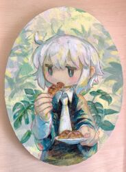 Rule 34 | 1girl, blush, bright pupils, cowlick, croissant, eating, food, grey hair, hands up, highres, holding, holding food, holding plate, jitome, kezuru, long sleeves, medium hair, necktie, no sclera, open mouth, original, painting (medium), plant, plate, solo, traditional media, upper body, white necktie, white pupils