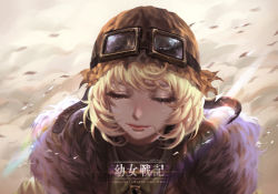 Rule 34 | 10s, 1girl, blonde hair, closed mouth, commentary request, copyright name, crying, closed eyes, fur trim, goggles, goggles on head, helmet, joenny, military, military uniform, short hair, sky, solo, tanya degurechaff, tears, uniform, youjo senki