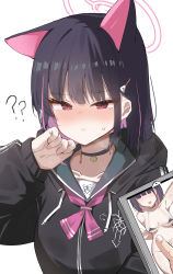 Rule 34 | 1girl, 1other, ?, ??, absurdres, animal ears, bikini, black bikini, black hair, black jacket, blue archive, blush, cellphone, choker, doldol (rkwowlqrp), extra ears, hair ornament, hairclip, halo, highres, holding, hood, hood down, jacket, kazusa (blue archive), long sleeves, micro bikini, multicolored hair, multiple views, nose blush, parted lips, phone, pink hair, red eyes, short hair, simple background, smartphone, solo focus, swimsuit, tongue, tongue out, upper body