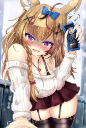 Rule 34 | 1girl, ?, absurdres, ahoge, alternate costume, angry, animal ear fluff, animal ears, black thighhighs, blonde hair, blurry, blurry background, blush, bow, breaking, breasts, cellphone, cleavage, collarbone, commentary request, cowboy shot, cracked phone, crushing, ebiko yaki, eyelashes, fangs, fox ears, garter straps, glaring, gyaru, hair bow, hair ornament, hairclip, hand up, heart, heart necklace, highres, holding, holding phone, hololive, jealous, jewelry, large breasts, leaning forward, miniskirt, necklace, off-shoulder sweater, off shoulder, omaru polka, outdoors, phone, pink eyes, pov, red skirt, shirakami fubuki, skirt, smartphone, snowing, solo, spaghetti strap, sparkling eyes, spoken question mark, sweater, tears, thighhighs, thighs, throat grab, trembling, tsurime, twitter username, virtual youtuber, white sweater, wooden wall, yandere
