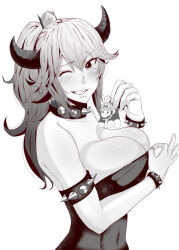Rule 34 | 1boy, 1girl, bowsette, breasts, cleavage, crown, greyscale, horns, large breasts, long hair, looking at viewer, mario, mario (series), monochrome, mucc (ren0522), new super mario bros. u deluxe, nintendo, one eye closed, open mouth, simple background, smile, teeth, upper body, white background