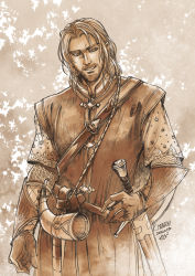 Rule 34 | 1boy, beard, boromir, brown theme, dated, facial hair, gambeson, gloves, highres, horn (instrument), kazuki-mendou, looking at viewer, male focus, medium hair, monochrome, robe, scabbard, sheath, signature, smile, solo, sword, the lord of the rings, tolkien&#039;s legendarium, tolkien's legendarium, weapon