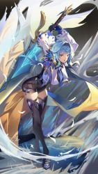 Rule 34 | 1girl, absurdres, black footwear, black hairband, black leotard, blue cape, blue gloves, blue hair, blue necktie, boots, breasts, cape, clothing cutout, eula (genshin impact), frilled sleeves, frills, genshin impact, gloves, greatsword, hair between eyes, hairband, high-waist shorts, high heel boots, high heels, highres, ktr (tpun2553), large breasts, leotard, medium hair, necktie, short shorts, shorts, shoulder cutout, solo, sword, thigh boots, thigh strap, vision (genshin impact), white sleeves, yellow eyes
