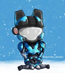 Rule 34 | 1girl, animal ear headwear, armor, artist name, assault visor, catherine-b320, chibi, commentary, english commentary, fake animal ears, glowing, halo: reach, halo (series), helmet, mechanical arms, power armor, single mechanical arm, sitting, snow, snowing, solo, spartans doodles