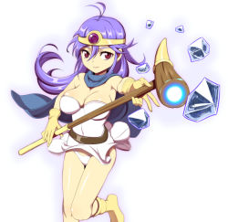 Rule 34 | 1girl, antenna hair, belt, blue hair, boots, breasts, cape, caryo, chunsoft, circlet, cleavage, covered navel, dragon quest, dragon quest iii, dress, enix, gloves, glowing, ice, leg up, long hair, looking at viewer, nanashino, panties, pantyshot, purple eyes, sage (dq3), simple background, smile, solo, staff, standing, standing on one leg, underwear, white background, white panties, yellow gloves