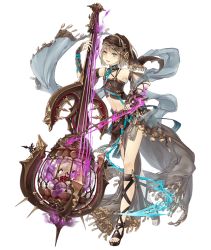 Rule 34 | 1girl, aqua eyes, asymmetrical clothes, bare shoulders, bow (music), brown hair, cage, cello, flat chest, full body, gretel (sinoalice), hansel (sinoalice), instrument, jino, looking at viewer, male focus, navel, official art, revealing clothes, shawl, sinoalice, smile, solo, transparent background