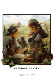 Rule 34 | 1boy, 1girl, player character (mabinogi), baiguiyu, basket, black border, border, bread, breasts, commentary request, copyright name, cup, dated, day, egg, flower, food, from side, gloves, grey eyes, hat, headdress, highres, large breasts, long hair, looking at viewer, mabinogi, mug, outdoors, parted lips, plant, pointy ears, potted plant, puffy short sleeves, puffy sleeves, short sleeves, smile, swept bangs, yellow flower