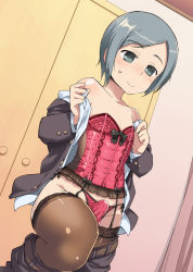 Rule 34 | 1boy, androgynous, bare shoulders, blue eyes, blue hair, blush, bow, brown thighhighs, bulge, corset, crossdressing, erection, erection under clothes, garter straps, highres, kinta (kinta no mousou), lace, lace-trimmed legwear, lace trim, looking at viewer, male focus, matching hair/eyes, open clothes, open shirt, original, panties, penis, penis in panties, pink panties, school uniform, shirt, short hair, smile, solo, sweatdrop, thighhighs, trap, underwear, undressing