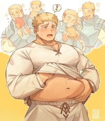 Rule 34 | !, &gt; &lt;, 1boy, armor, bara, blush, burger, closed eyes, closed mouth, dungeon meshi, eating, food, heithanoll, highres, holding, holding burger, holding food, laios touden, large pectorals, male focus, meat, multiple views, muscular, muscular male, navel, open mouth, pants, pectorals, shirt, smile, teeth, white pants, white shirt