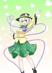 Rule 34 | 1girl, :d, arm up, bad id, bad twitter id, black footwear, blush, bow, breasts, cowboy shot, eyeball, floral print, forneus 0, gradient background, green eyes, green hair, green skirt, hair between eyes, hat, hat bow, heart, heart of string, highres, komeiji koishi, long hair, long sleeves, looking at viewer, medium breasts, open mouth, outline, shoes, simple background, skirt, smile, solo, third eye, wide sleeves