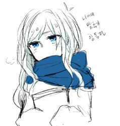 Rule 34 | 1girl, bad id, bad pixiv id, blue eyes, blue theme, breath, character request, hongcha (roels), korean text, long hair, lowres, monochrome, roels, scarf, scp foundation, simple background, sketch, solo, spot color, upper body, white background