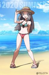 Rule 34 | 1girl, :d, arm behind back, arm up, bikini, breasts, cleavage, cloud, collarbone, creatures (company), dated, day, eyelashes, fingernails, full body, game freak, green (pokemon), grey eyes, grey hair, hand on headwear, hat, hat ribbon, highres, knees, leaf (pokemon), legs, legs apart, light rays, long hair, nintendo, open mouth, outdoors, pigeon-toed, pokemon, pokemon frlg, ribbon, sand, sandals, shore, sky, smile, solo, standing, summer, sunbeam, sunlight, swimsuit, tellzeta, toes, tongue, water