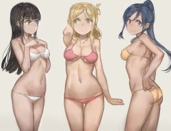 Rule 34 | 10s, 3girls, adjusting clothes, adjusting swimsuit, ass, beige background, bikini, blonde hair, blue hair, blunt bangs, braid, breasts, butt crack, cleavage, clenched hand, clenched hands, commentary, crown braid, free style (yohan1754), front-tie bikini top, front-tie top, green eyes, hair ornament, hair rings, hand in own hair, hands on own chest, highres, kurosawa dia, long hair, looking at another, looking at viewer, love live!, love live! sunshine!!, matsuura kanan, midriff, mole, mole under mouth, multiple girls, navel, ohara mari, orange bikini, pink bikini, ponytail, purple eyes, sidelocks, simple background, smile, swimsuit, white bikini