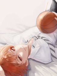 Rule 34 | 1boy, 39tokki, ace trappola, ball, basketball (object), black pants, closed mouth, eyeliner, facial mark, highres, holding, holding ball, looking at viewer, lying, makeup, male focus, necktie, night raven college uniform, on back, on bed, orange hair, pants, red eyes, school uniform, shirt, short hair, solo, twisted wonderland, white shirt