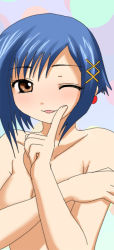 Rule 34 | 00s, 1girl, ;d, aika granzchesta, aria (manga), blush, brown eyes, earrings, female focus, hair ornament, jewelry, looking at viewer, namamo nanase, one eye closed, open mouth, parted lips, seductive smile, short hair, smile, solo, topless frame, upper body, x hair ornament