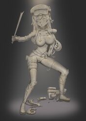 Rule 34 | absurdres, belt, beret, bouncing, bouncing breasts, breaking, breasts, damaged, goggles, goggles on head, gun, hat, highres, large breasts, navel, nipples, open mouth, original, petrification, pussy, statue, sword, thighhighs, thighs, weapon