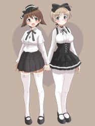 Rule 34 | 2girls, :d, ahoge, alternate costume, black bow, black choker, black footwear, black headwear, black ribbon, black skirt, blue eyes, blush, bow, brown background, brown eyes, brown hair, choker, closed mouth, collared shirt, commentary, cross, cross necklace, garter straps, hair bow, hair ribbon, hat, heart, high-waist skirt, highres, holding hands, idol, interlocked fingers, jewelry, layered shirt, light brown hair, long sleeves, looking at viewer, lynette bishop, mary janes, medium hair, mini hat, miniskirt, miyafuji yoshika, multiple girls, neck ribbon, necklace, open mouth, pantyhose, pleated skirt, ponytail, ribbon, shirt, shoes, short hair, side-by-side, simple background, single horizontal stripe, skirt, smile, standing, strike witches, suspender skirt, suspenders, thighhighs, tricky 46, white legwear, white shirt, world witches series