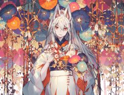 Rule 34 | 1girl, animal ears, artist name, bad id, bad pixiv id, dated, flower, fox ears, hair between eyes, highres, holding, holding flower, japanese clothes, kimono, lemming no suana, long hair, looking at viewer, original, pale skin, red eyes, solo, standing, white hair, white kimono, wide sleeves