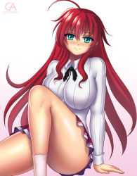 Rule 34 | 1girl, ahoge, aqua eyes, artist name, blouse, blush, breasts, eyelashes, gradient background, grigorart, high school dxd, large breasts, legs together, long hair, looking at viewer, miniskirt, red hair, rias gremory, school uniform, shirt, sitting, skirt, smile, socks, solo, thighs