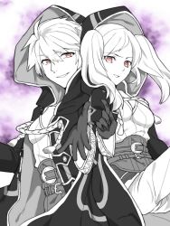 Rule 34 | 1boy, 1girl, aura, bad id, bad twitter id, belt, cu co1124, dark aura, dual persona, fire emblem, fire emblem awakening, fire emblem heroes, gloves, grima (fire emblem), hood, hood up, index finger raised, long sleeves, monochrome, nintendo, open clothes, open robe, parted lips, red eyes, robe, robin (female) (fire emblem), robin (fire emblem), robin (male) (fire emblem), short hair, simple background, spot color, twintails, white background, wizard