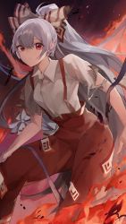 Rule 34 | 1girl, bow, closed mouth, collared shirt, commentary, feet out of frame, fire, fujiwara no mokou, grey hair, hair between eyes, hair bow, highres, long hair, looking at viewer, ofuda, ofuda on clothes, pants, ponytail, red bow, red eyes, red pants, shirt, solo, suspenders, torn clothes, torn sleeves, touhou, very long hair, white bow, white shirt, zurui ninjin