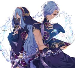 Rule 34 | 1boy, 1girl, alternate costume, aomeeso, azura (fire emblem), bad id, bad twitter id, blue hair, closed eyes, fire emblem, fire emblem fates, fire emblem heroes, gloves, hair over one eye, highres, jewelry, long hair, mother and son, nintendo, official alternate costume, polearm, shigure (fire emblem), simple background, smile, weapon, yellow eyes