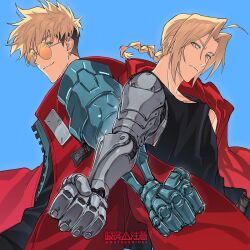 Rule 34 | 2boys, ahoge, black shirt, blonde hair, blue background, blue eyes, braid, clenched hand, coat, color connection, earrings, edward elric, fullmetal alchemist, furrowed brow, hair color connection, highres, jacket, jewelry, look-alike, male focus, multiple boys, natsushio (x2i2a), prosthesis, prosthetic arm, red coat, red jacket, round eyewear, shirt, short hair, simple background, single braid, single earring, smile, sunglasses, tank top, trait connection, trigun, trigun stampede, twitter username, undercut, vash the stampede, yellow eyes
