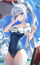 Rule 34 | 1girl, absurdres, bare shoulders, beach umbrella, blue archive, blue eyes, blue one-piece swimsuit, blue sky, blush, breasts, casual one-piece swimsuit, cleavage, collarbone, covered navel, cowboy shot, day, frilled one-piece swimsuit, frills, grey hair, halo, headgear, highres, long hair, medium breasts, miyako (blue archive), one-piece swimsuit, outdoors, parted lips, ponytail, ruhia, sidelocks, sky, solo, swimsuit, umbrella