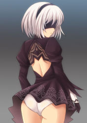 Rule 34 | 1girl, absurdres, android, ass, back, back cutout, black dress, black hairband, black thighhighs, blindfold, clothing cutout, dress, from behind, gloves, hairband, highres, nier (series), nier:automata, panties, parted lips, sawwei005, shiny skin, short hair, solo, thighhighs, underwear, 2b (nier:automata)