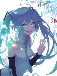 Rule 34 | 1girl, absurdres, ahoge, arm tattoo, birthday, blouse, blue eyes, blue hair, blue necktie, happy birthday, hatsune miku, hatsune miku (vocaloid4) (chinese), highres, long hair, looking to the side, megu (pixiv9460065), necktie, open mouth, shirt, sleeveless, sleeveless shirt, solo, tattoo, twintails, very long hair, vocaloid, white shirt