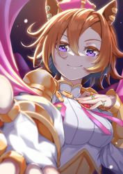 Rule 34 | absurdres, animal ears, armor, backlighting, breasts, cape, closed mouth, crown, fingerless gloves, gloves, hair between eyes, hand on own chest, highres, horse ears, jewelry, kagami (haret46), light blush, looking at viewer, medium breasts, mini crown, multiple rings, orange hair, pink cape, purple eyes, reaching, reaching towards viewer, ring, shirt, short hair, shoulder armor, signature, single glove, smile, solo, t.m. opera o (umamusume), umamusume, vambraces, white shirt