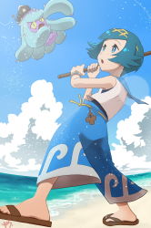 Rule 34 | 1girl, aqua hair, blue eyes, blue hair, blue pants, cloud, commentary request, creatures (company), fishing rod, game freak, gen 7 pokemon, hairband, highres, holding, holding fishing rod, lana (pokemon), looking up, mareanie, nintendo, open mouth, outdoors, pants, pokemon, pokemon (creature), pokemon sm, sand, sandals, shirt, shore, short hair, signature, sky, sleeveless, swimsuit, swimsuit under clothes, tongue, trial captain, water, yas9 9