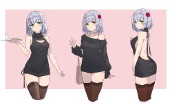 Rule 34 | 1girl, absurdres, backless outfit, bag, bare arms, black dress, black sweater, black thighhighs, blush, braid, brown thighhighs, closed mouth, commentary request, cowboy shot, cropped legs, cup, dress, flower, genshin impact, green eyes, hair flower, hair ornament, highres, holding, holding tray, long sleeves, looking at viewer, lumine (genshin impact), medium hair, meme attire, multiple views, noelle (genshin impact), off shoulder, red flower, red rose, rose, silver hair, sleeveless, sleeveless sweater, smile, sweater, thighhighs, tray, virgin killer sweater, yajuu
