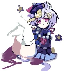 Rule 34 | 1girl, animal ear fluff, animal ears, bead necklace, beads, blue dress, blue hat, cat ears, cat hair ornament, cat tail, commentary, cropped legs, dress, frilled sleeves, frills, genshin impact, hair ornament, hat, jewelry, kemonomimi mode, legs up, long sleeves, looking at viewer, necklace, ofuda, paw pose, pink eyes, purple hair, qingdai guanmao, qiqi (genshin impact), sidelocks, sketch, solo, sukima (crie), symbol-only commentary, tail