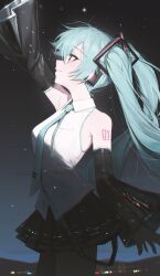 Rule 34 | 1girl, absurdres, aqua hair, aqua necktie, arm up, bare shoulders, black skirt, black sleeves, breasts, collared shirt, cowboy shot, detached sleeves, from side, gnns, hair ornament, hashtag-only commentary, hatsune miku, highres, long hair, long sleeves, miniskirt, necktie, night, night sky, number tattoo, outdoors, pleated skirt, profile, shirt, shoulder tattoo, skirt, sky, sleeveless, sleeveless shirt, small breasts, smile, solo, standing, tattoo, twintails, very long hair, vocaloid, white shirt