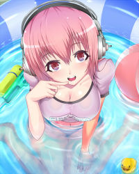 Rule 34 | 1girl, ball, beachball, breasts, cleavage, finger to mouth, from above, headphones, kasai shin, large breasts, long hair, nitroplus, pink eyes, pink hair, rubber duck, solo, super sonico, water, water gun