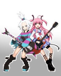 Rule 34 | 10s, 2girls, :d, ahoge, angel beats!, ankle boots, aqua eyes, bare shoulders, bass guitar, blue eyes, blush, blush stickers, boots, collar, combat boots, creatures (company), cross, crossover, dress, electric guitar, fishnet legwear, fishnets, flat chest, game freak, gradient background, grey background, grin, guitar, gym leader, hair bobbles, hair ornament, hair ribbon, holding, instrument, kitamura eri, knee boots, kneehighs, leaning, long hair, long sleeves, megane chuu, midriff, miniskirt, multiple girls, music, necktie, nintendo, off shoulder, open mouth, outline, pink eyes, pink hair, platform footwear, playing instrument, pleated skirt, pokemon, pokemon bw2, ribbon, roxie (pokemon), school uniform, serafuku, shirt, short dress, short hair, side-by-side, sidelocks, skirt, sleeves past wrists, smile, socks, standing, striped clothes, striped dress, thigh strap, topknot, torn clothes, torn dress, twintails, two side up, very long hair, voice actor connection, white hair, wide sleeves, yui (angel beats!)
