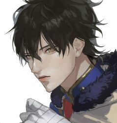 Rule 34 | 1boy, bandaged hand, bandages, black clover, black hair, capelet, closed mouth, collared shirt, fur-trimmed capelet, fur trim, highres, long bangs, looking at viewer, male focus, shirt, short hair, simple background, solo, tdgypm, white background, yellow capelet, yellow eyes, yuno (black clover)